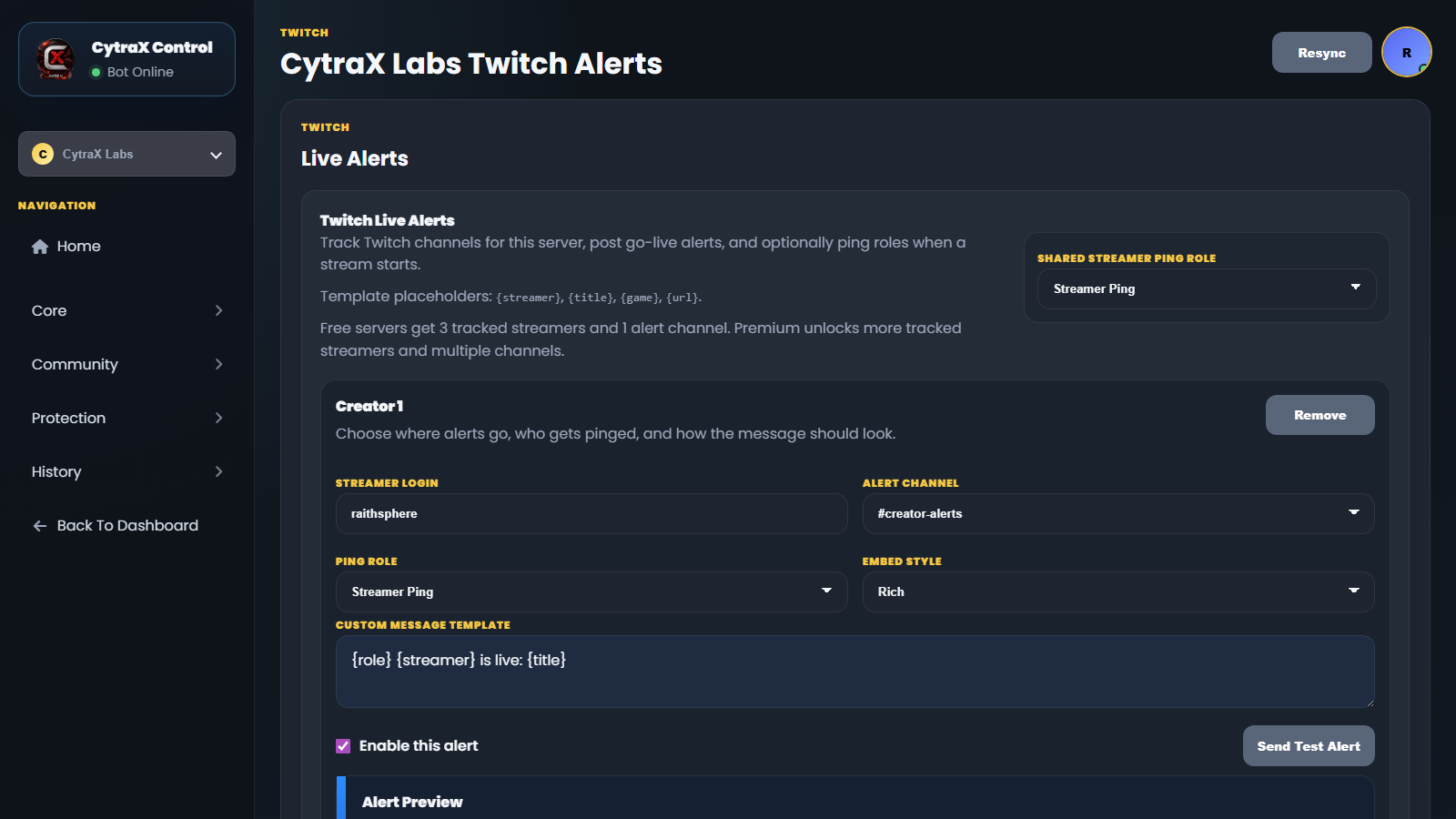 Twitch alerts panel screenshot