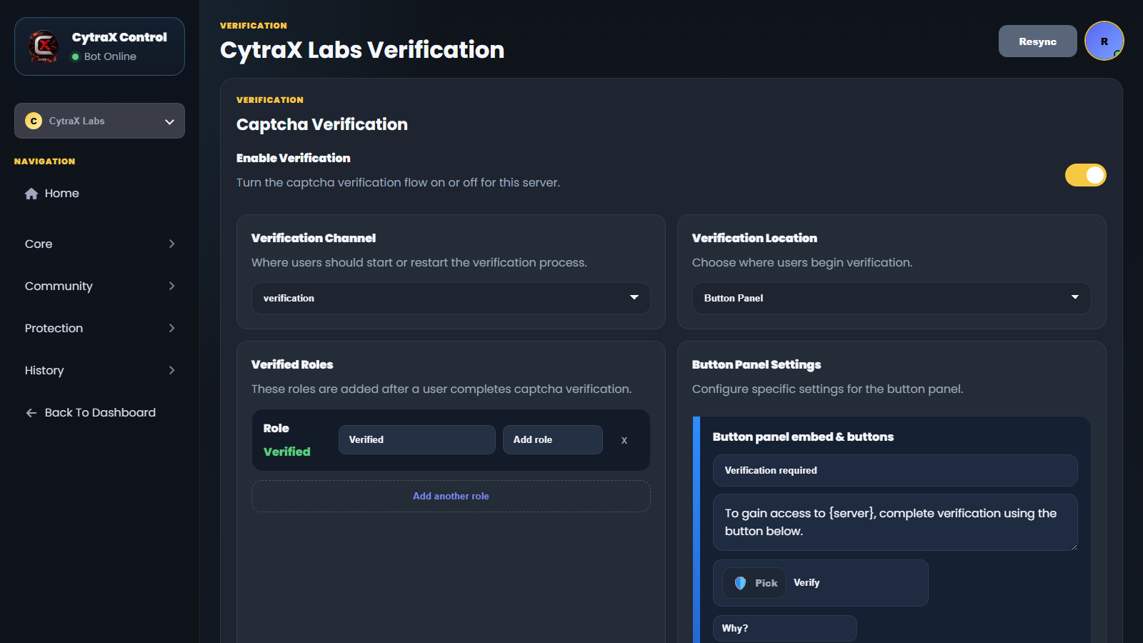 Verification system panel screenshot